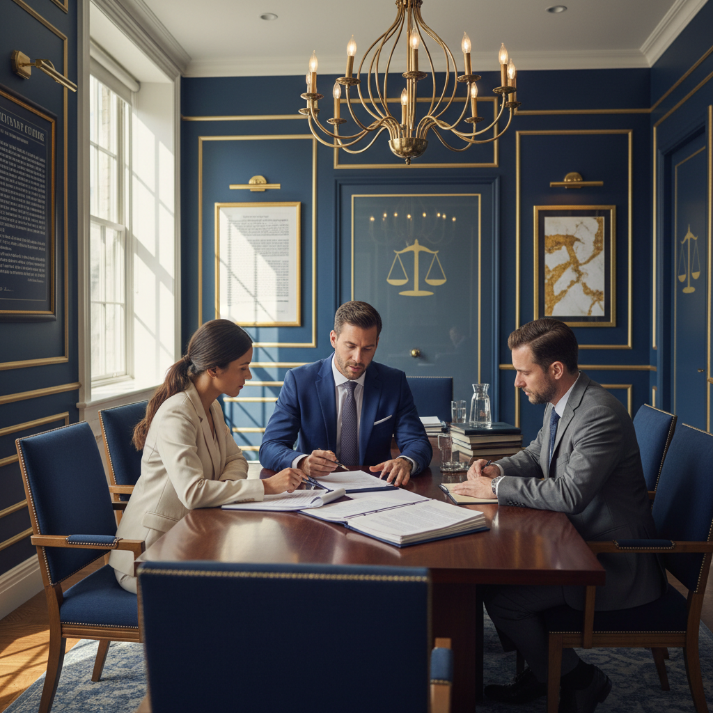 Law firm office meeting with attorney and clients